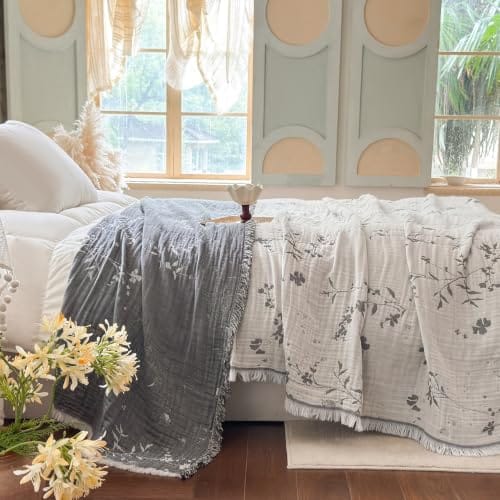 Simple&Opulence Cotton Muslin Throw Blanket, 3-Layer Floral Jacquard